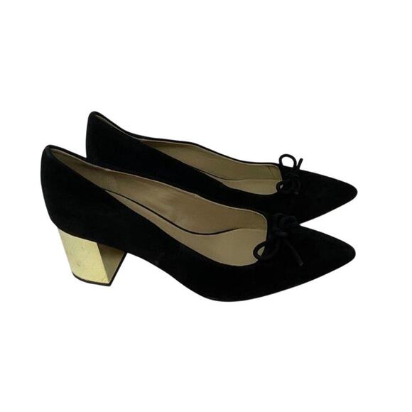 Women’s Size 8.5M Ann Taylor Black Suede Pumps Gold Block Heel Bow Pointed Toe - Picture 7 of 7